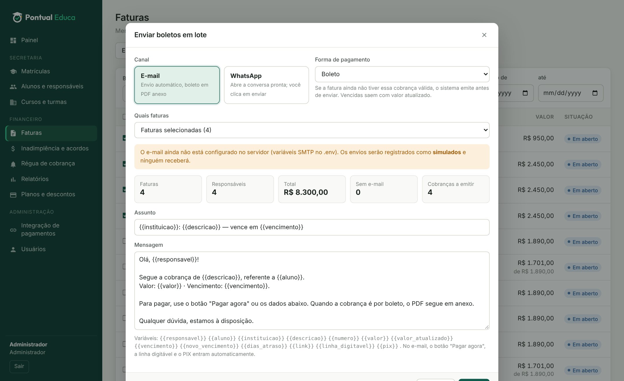 Envio de boletos em lote com resumo de faturas, responsáveis e total